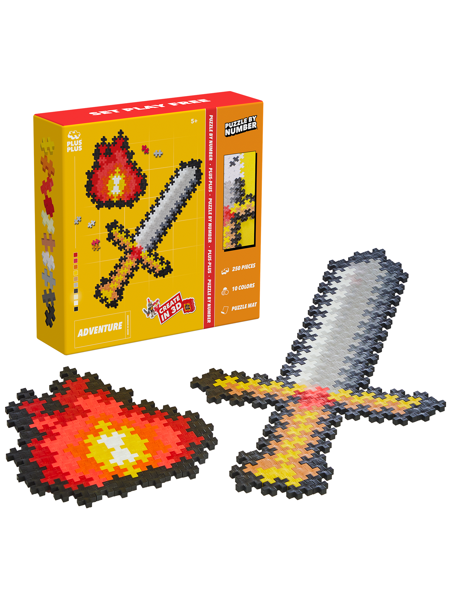 Plus-Plus Puzzle By Number Eventyr med 250 farverige brikker – skab et sværd og ild ved at matche tal og farver med kreativ og fantasifuld leg